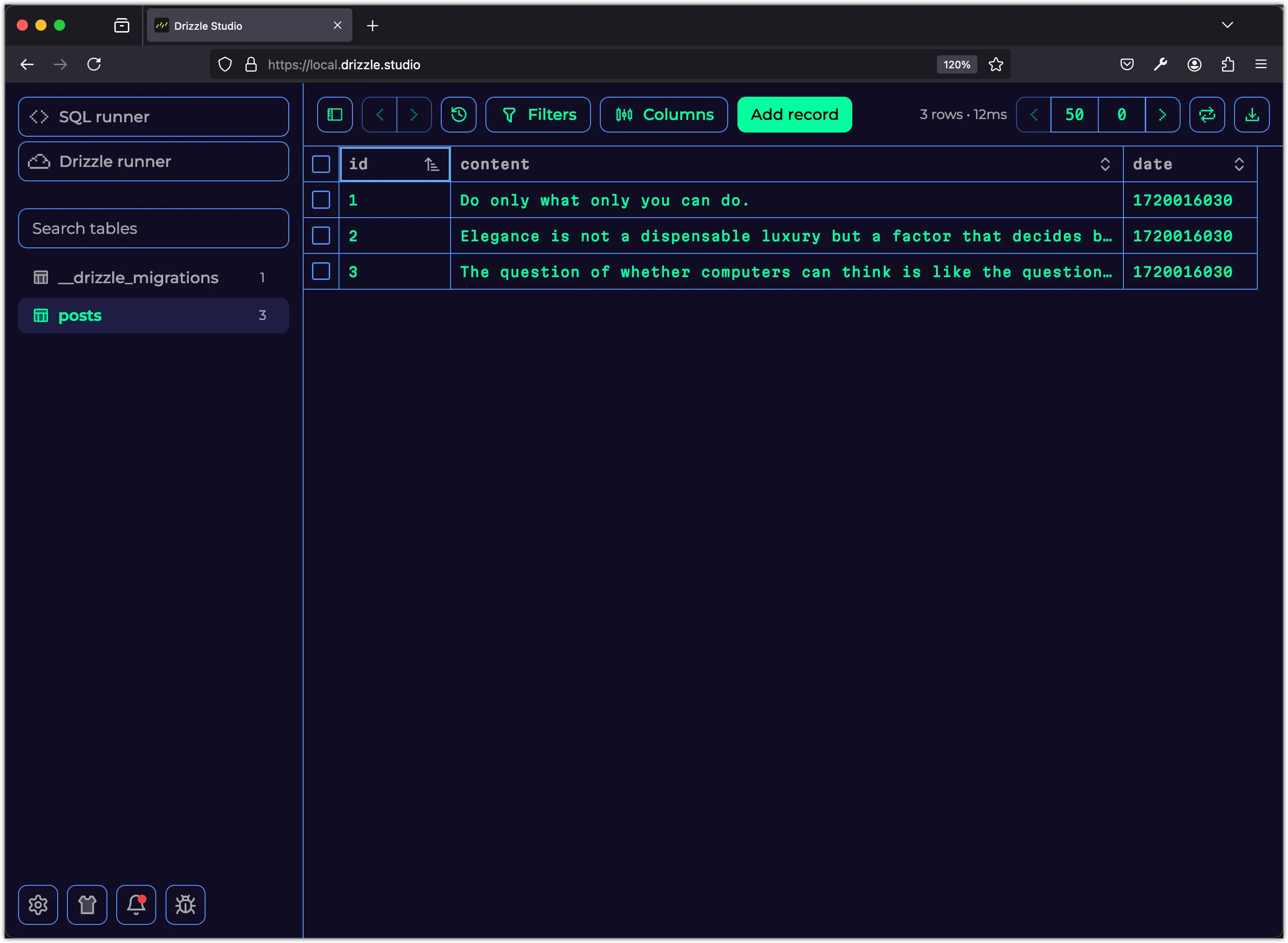 Open the database with drizzle-kit studio after seeding