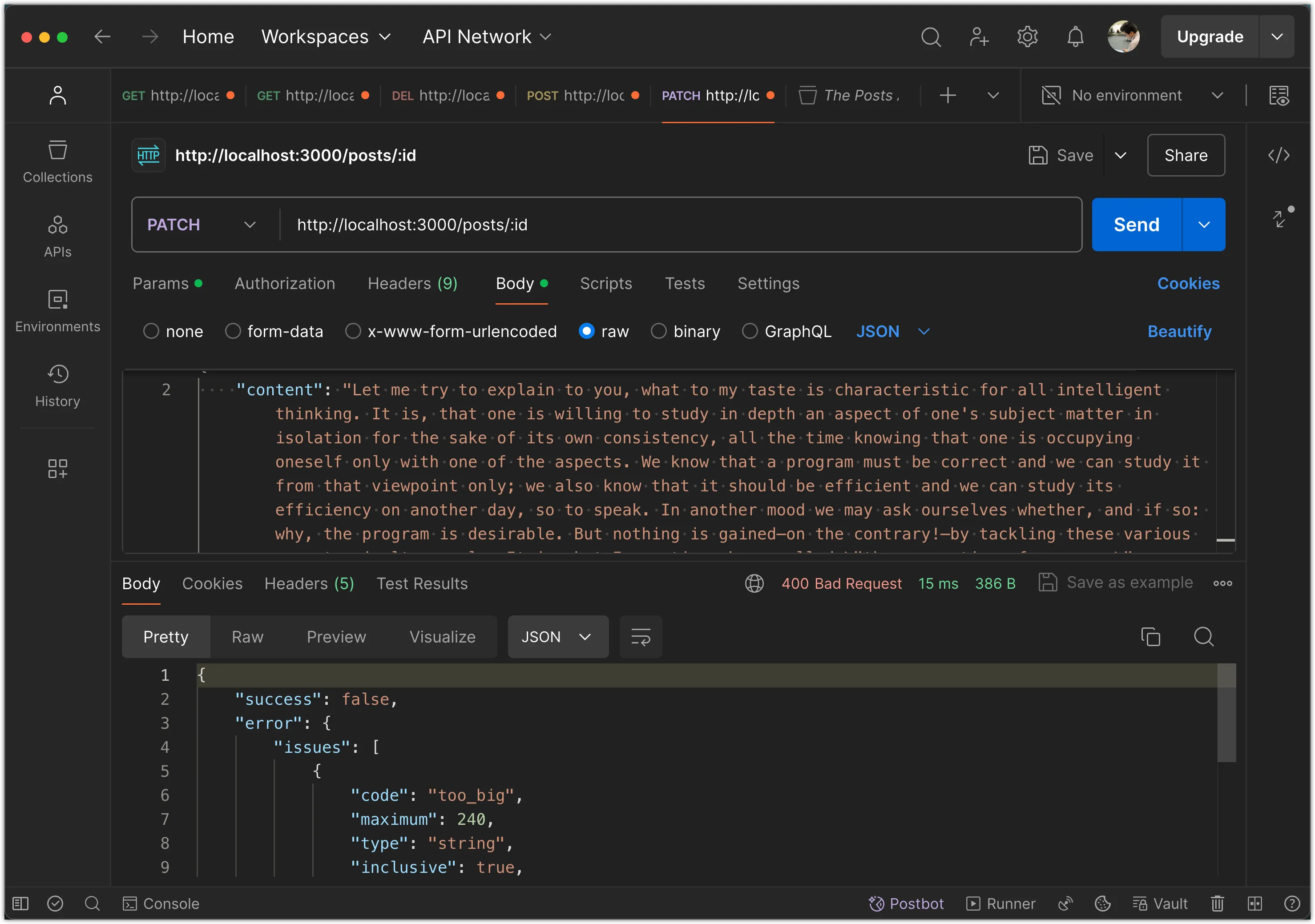 A screenshot of Postman showing a rejected request with a 400 Bad Request status code and detailed error messages.