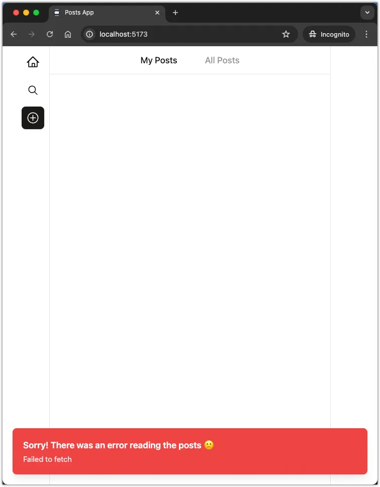 Screenshot of the Posts application with an error message that says "There was an error reading posts."