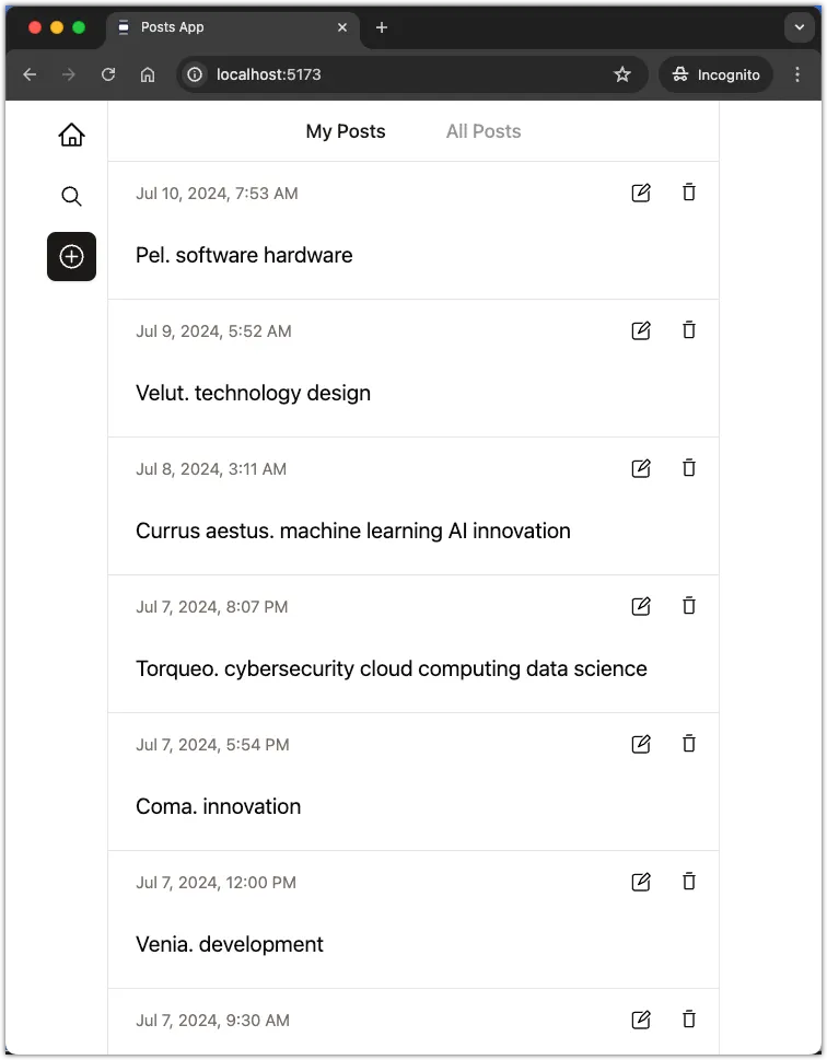 Screenshot of the Posts application displaying posts from the API server.