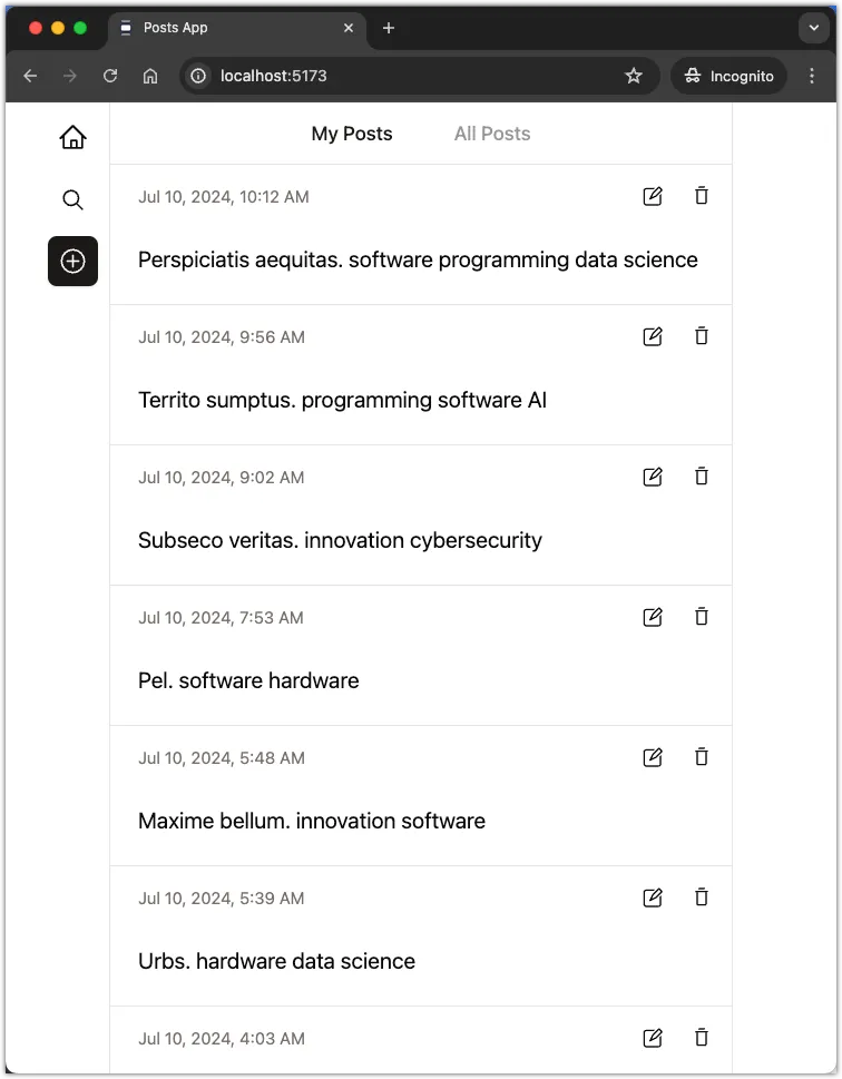 Screenshot of the Posts application displaying posts sorted by date in descending order.