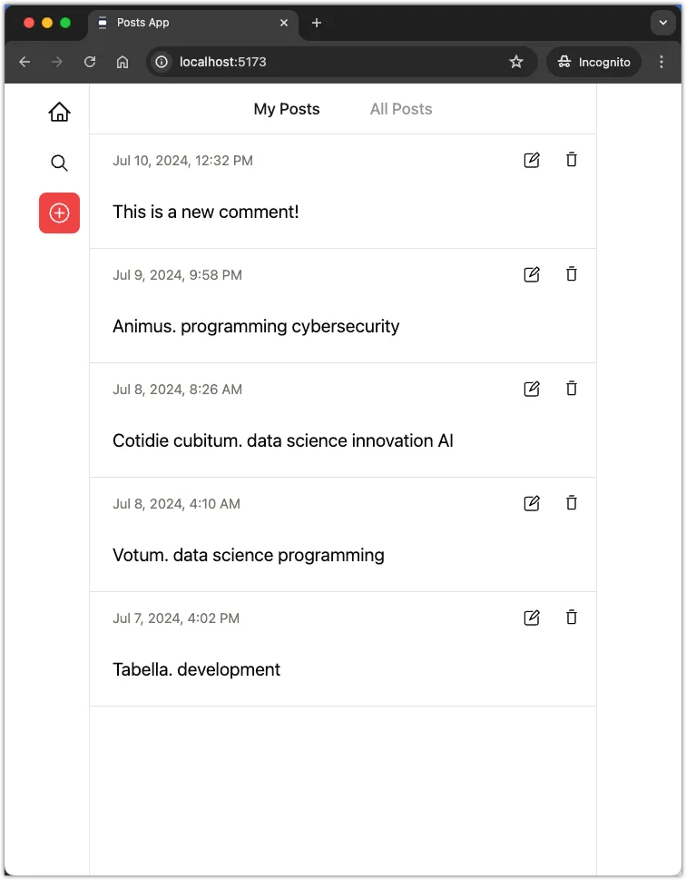 Screenshot of the application showing comments for the post with ID 1