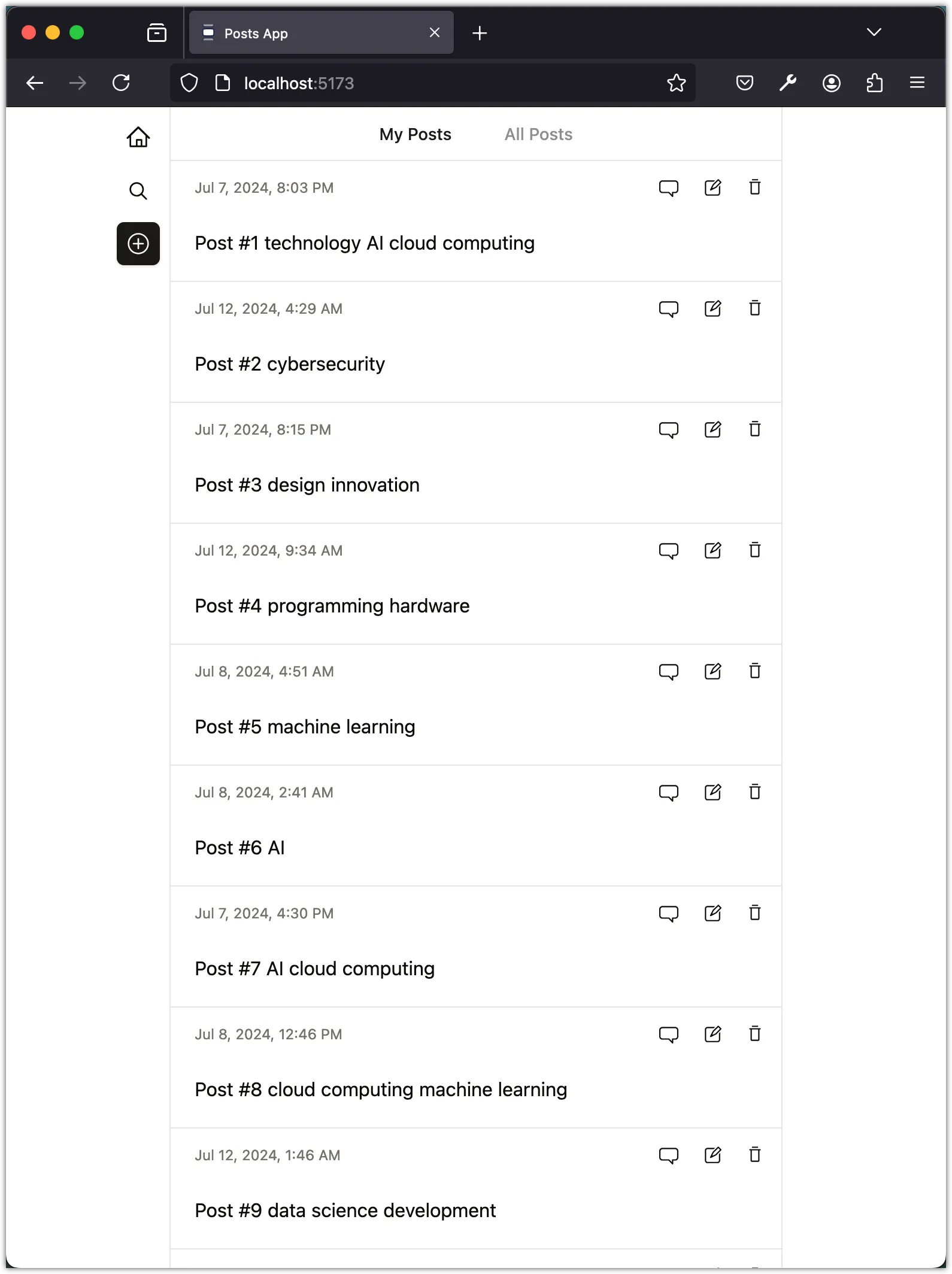 Screenshot of the Posts app with navigation buttons