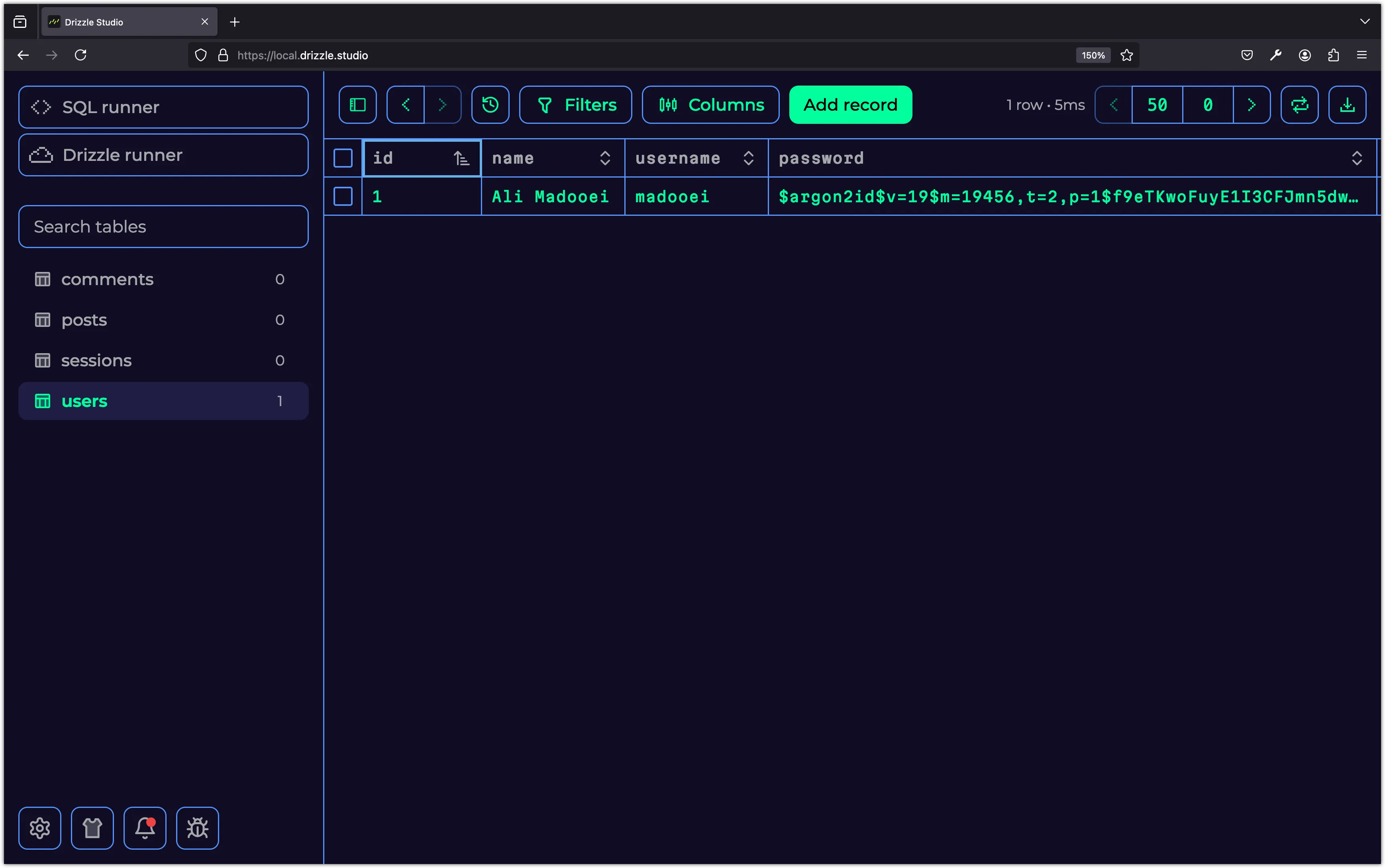 Screenshot of the Drizzle Studio showing the hashed password in the users table