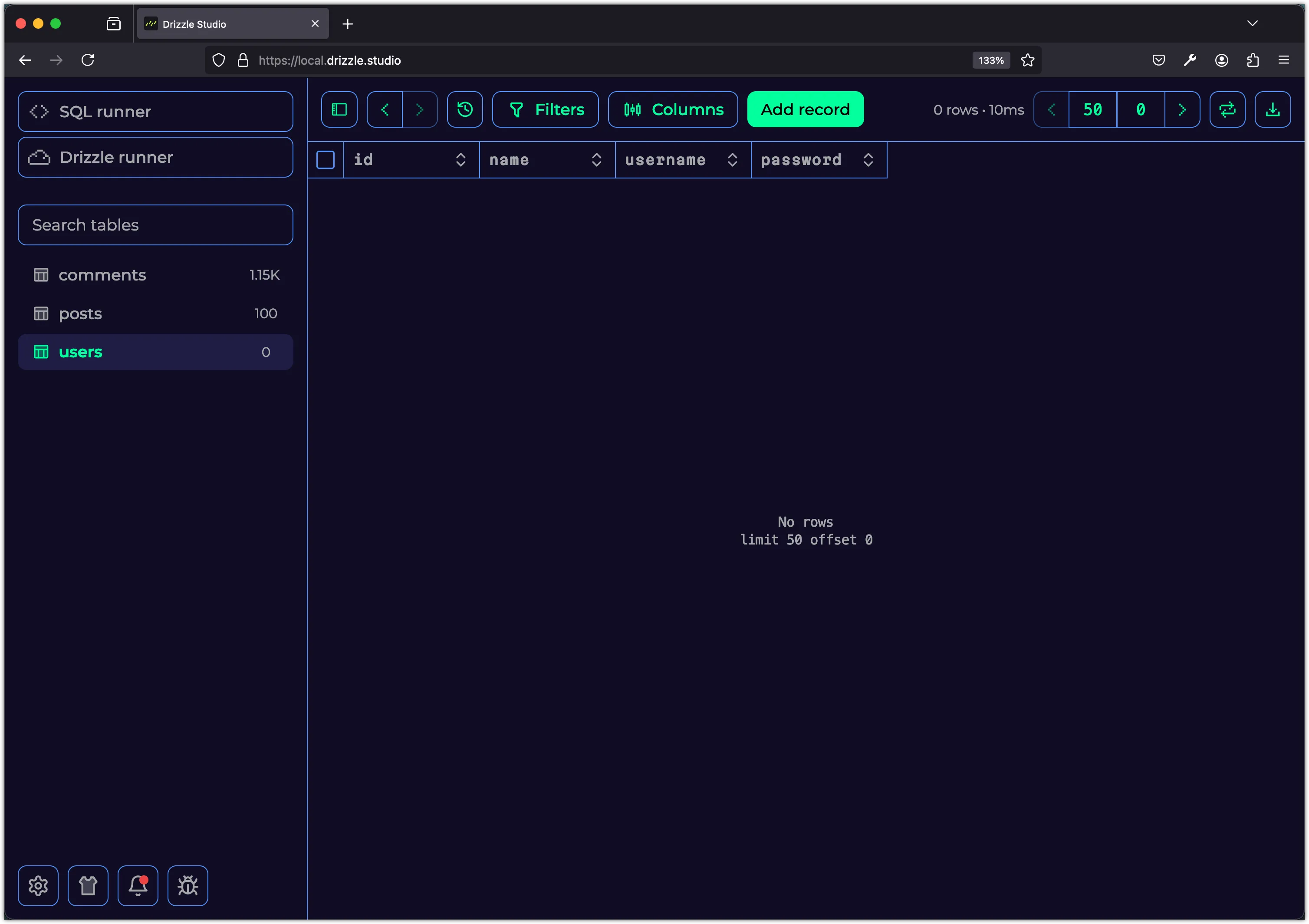 Screenshot of the Drizzle Studio showing the users table in the SQLite database