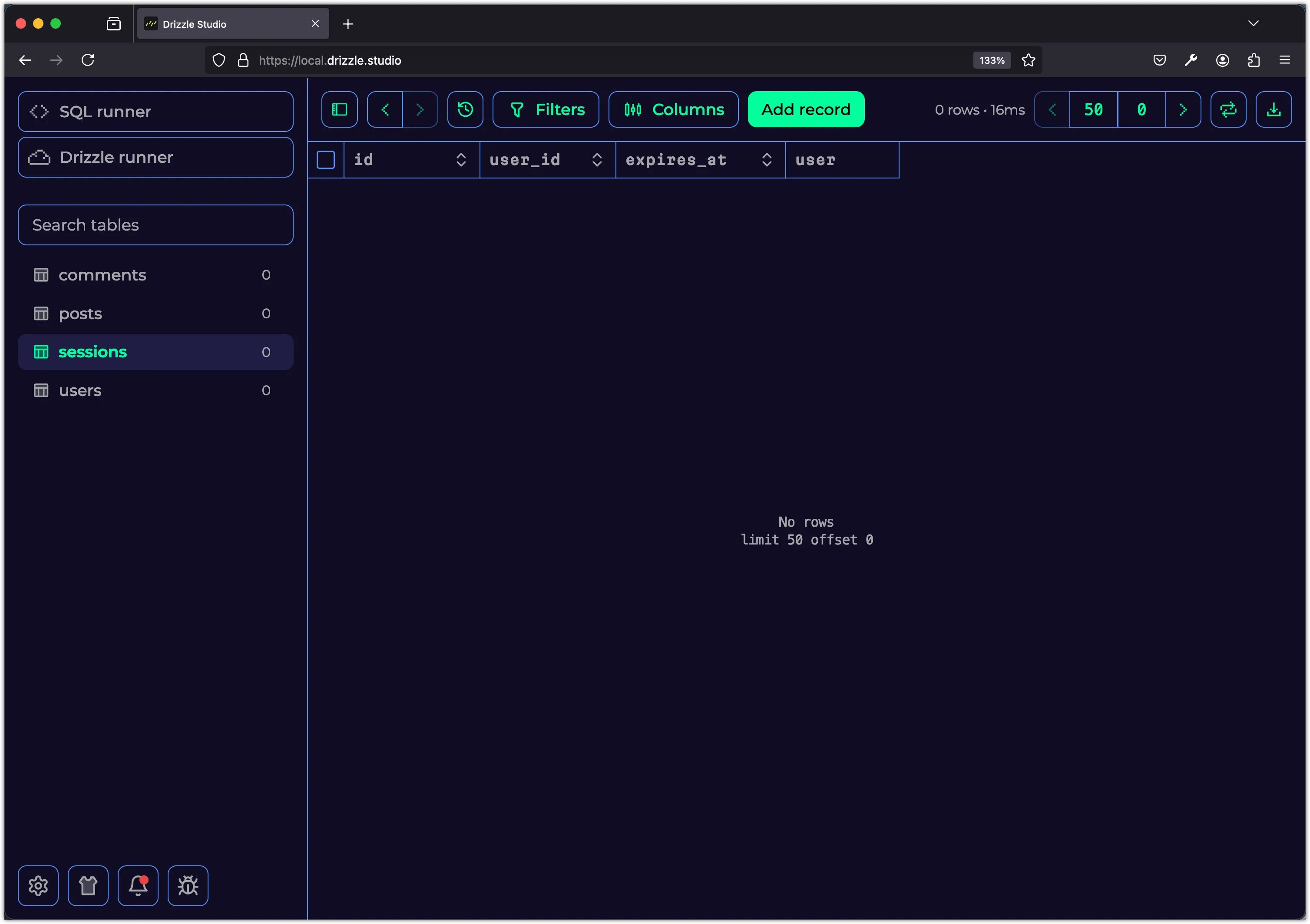 Screenshot of the Drizzle Studio showing the sessions table in the SQLite database