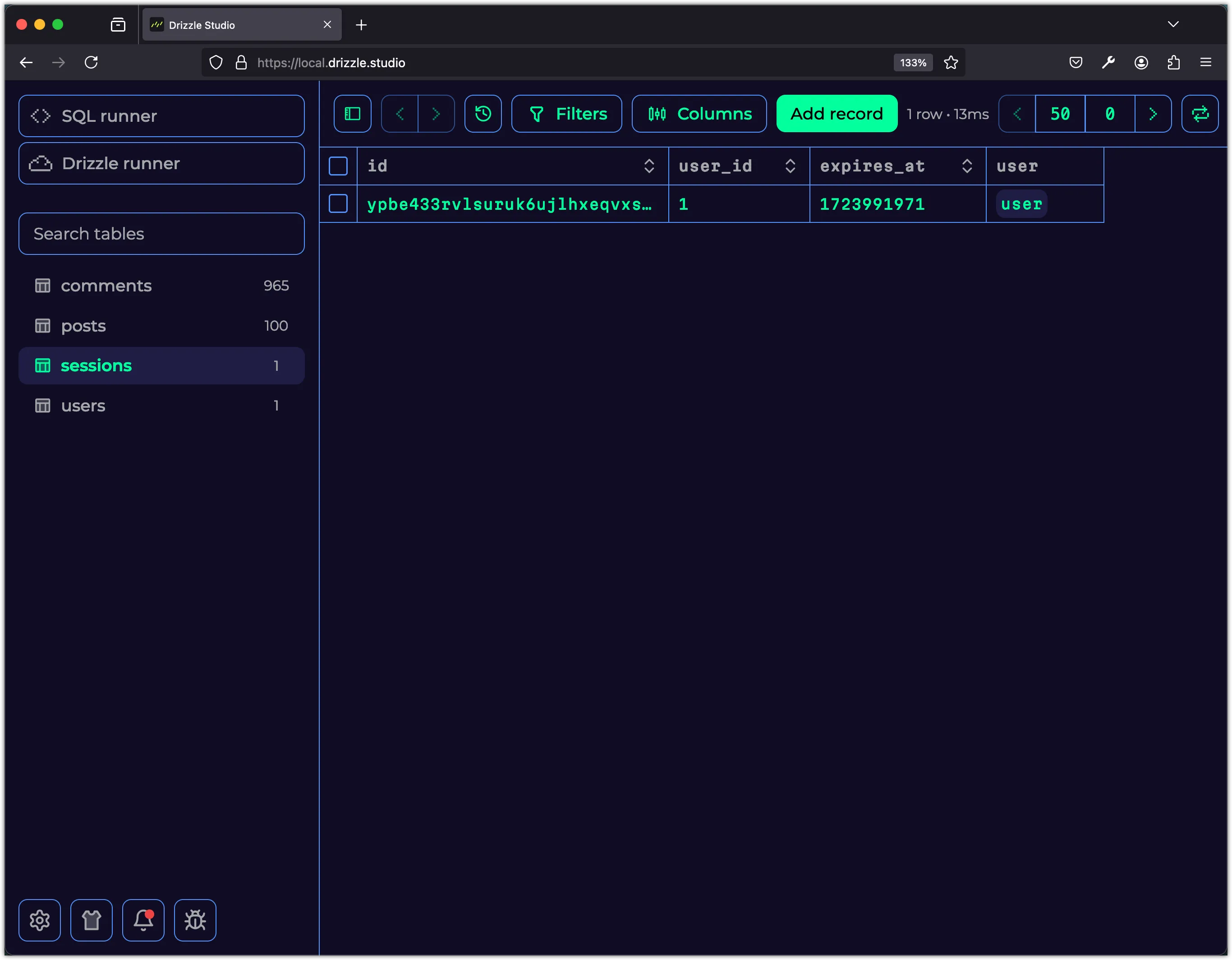 Screenshot of the Drizzle Studio showing the session data in the sessions table